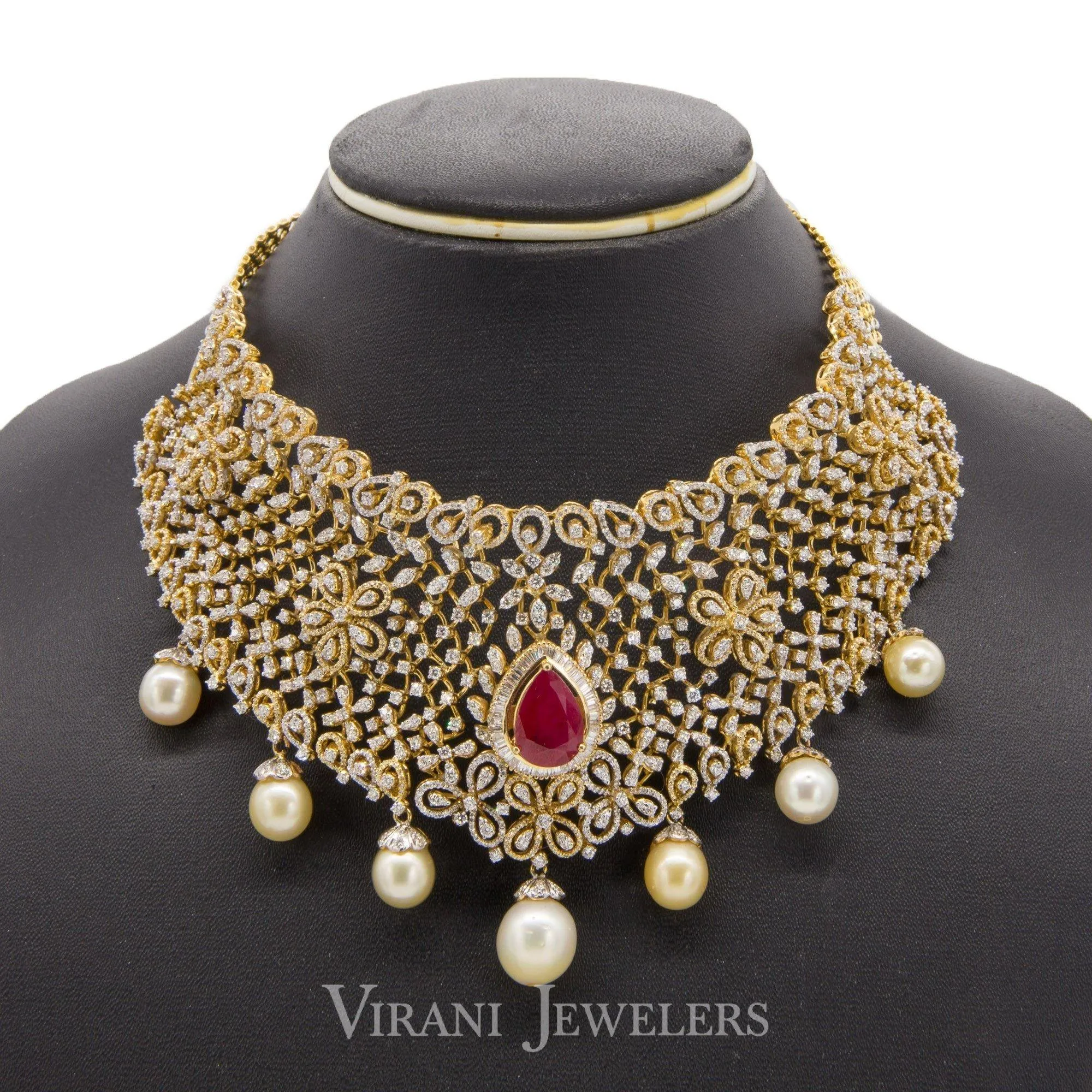 22.14 CT VVS Diamond Bridal Choker Necklace & Earrings Set, W/ Ruby & Pearl Accents