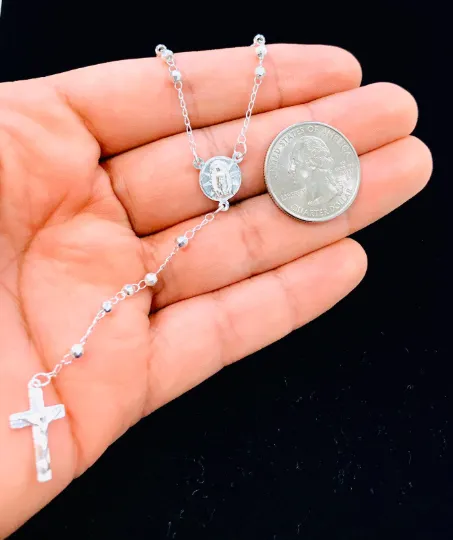 925 Sterling Silver Virgen de Guadalupe Rosary 20" Our Lady of Guadalupe Rosary 3mm beads Womens Necklace Jewelry / Rosario de la Guadalupe en Plata