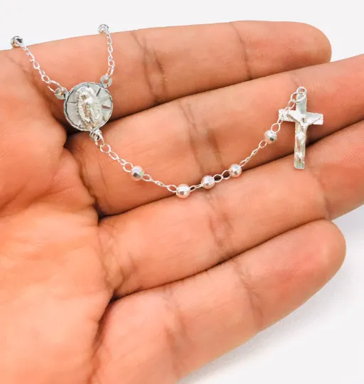 925 Sterling Silver Virgen de Guadalupe Rosary 20" Our Lady of Guadalupe Rosary 3mm beads Womens Necklace Jewelry / Rosario de la Guadalupe en Plata