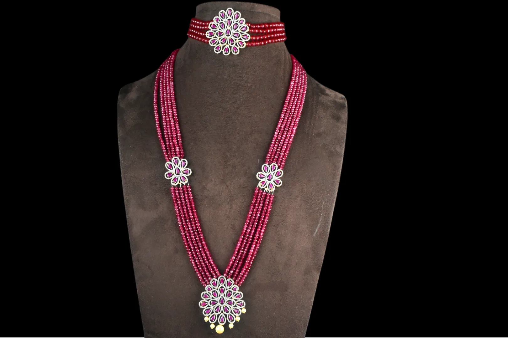 American Diamond Ruby Beads Choker With Long Haram Combo Set By Asp Fashion Jewellery