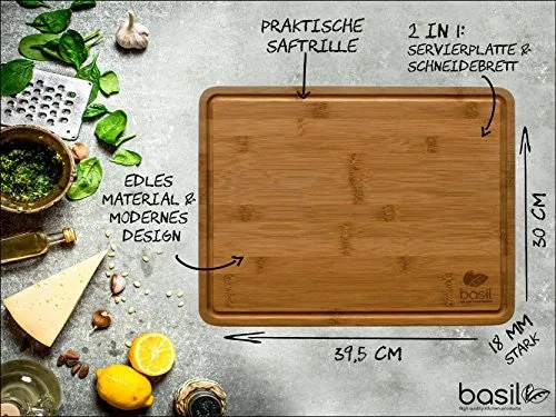 Basil | Tabla de cortar y cocina bambú | extra grande | 39 cm x 30 cm x 1,8 cm para cocinar, hornear, cortes | Machete – Tabla para cortar – Tabla para servir – trinchar – Tabla de cocina, incluye instrucciones de cuidado y garantía de satisfacción.