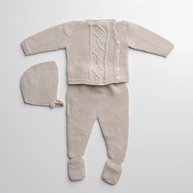 Cruzado Three Piece Knitted Outfit for Newborns – 100% Organic Cotton (Available in 3 Colors)