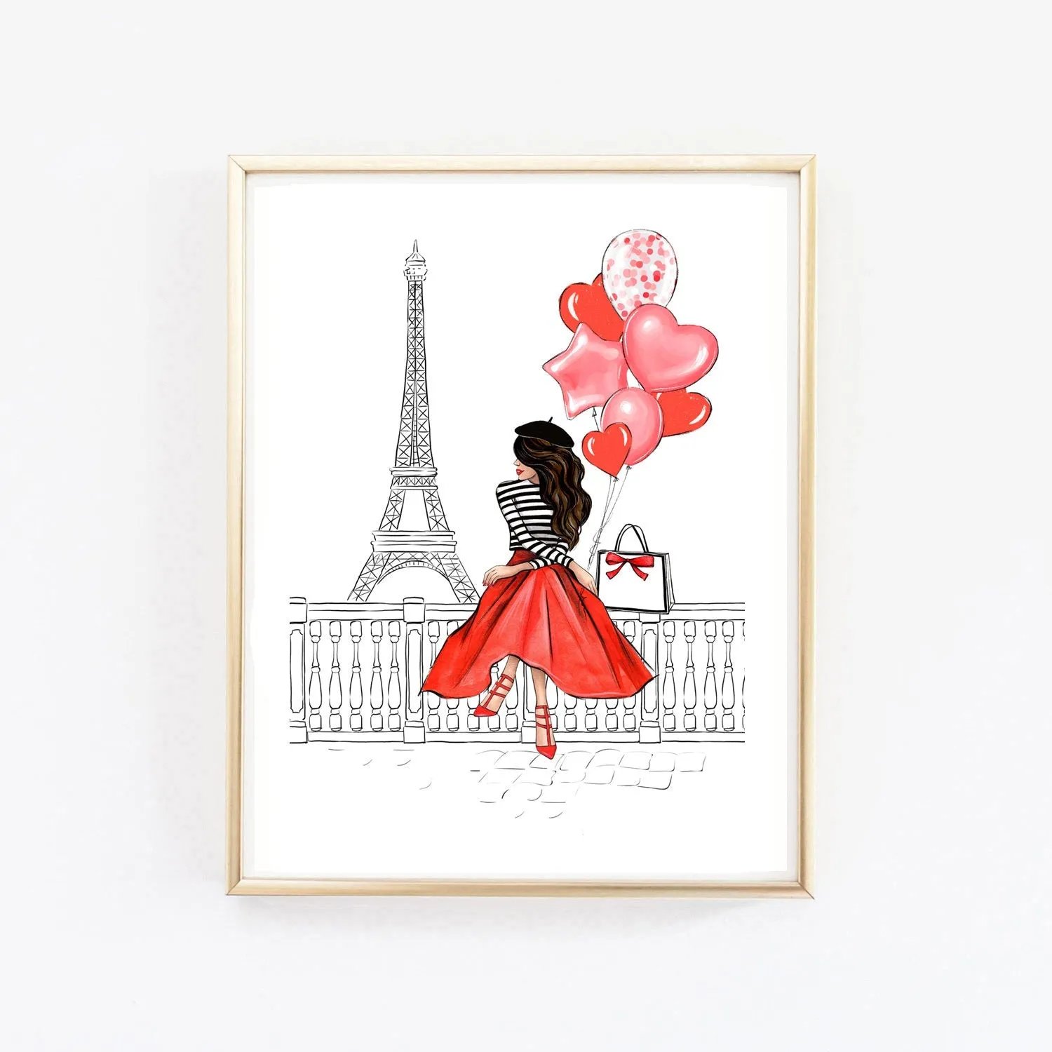 Girl in Paris with balloons art print fashion illustration