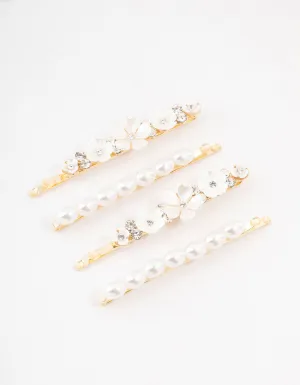 Gold Diamante & Flower Pearl Clips 4-Pack