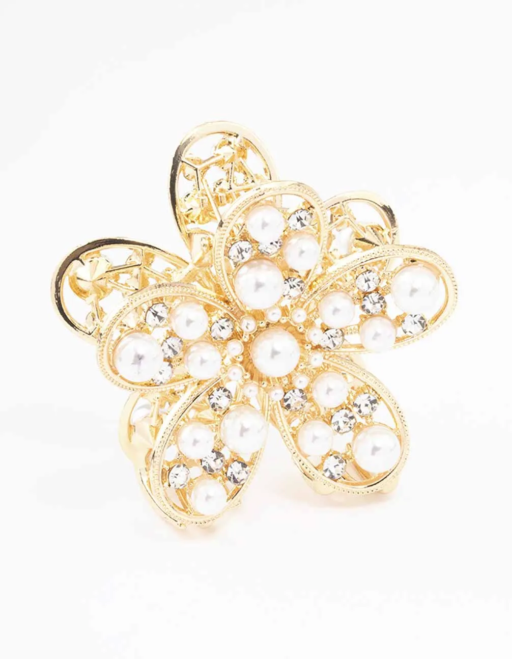 Gold Diamante Pearl Flower Hair Claw Clip