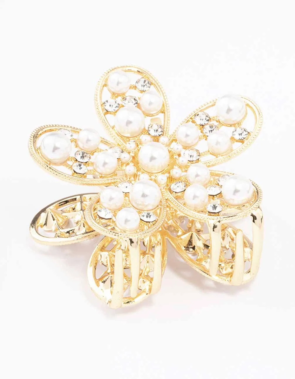 Gold Diamante Pearl Flower Hair Claw Clip