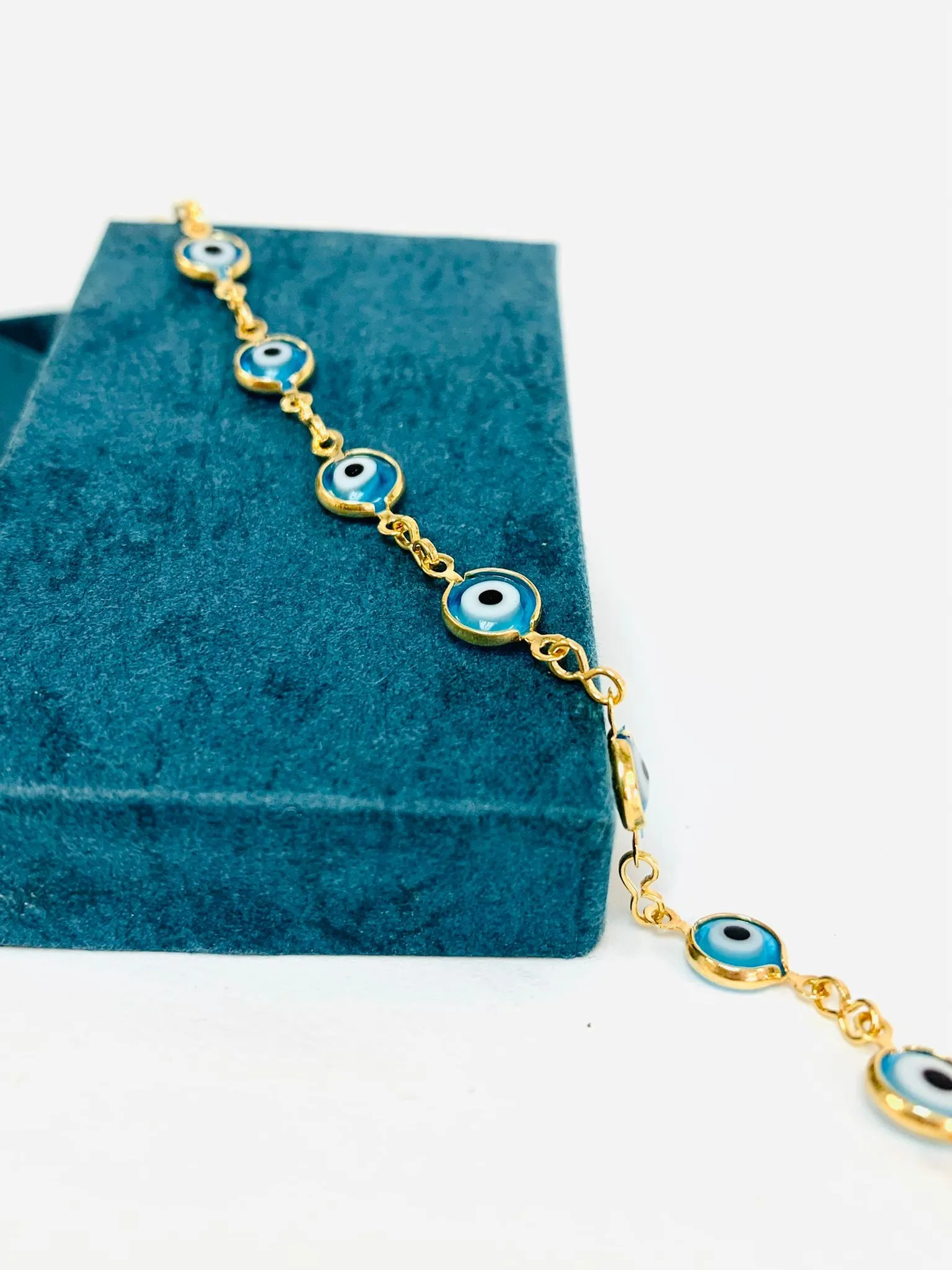 Gold Filled Aquamarine Evil Eye Bracelet for Womens Ladies 7.25" 3g / Protection Good Luck Bracelet / Womens Bracelet / Pulsera Mal de Ojo Para Mujer en Oro Laminado