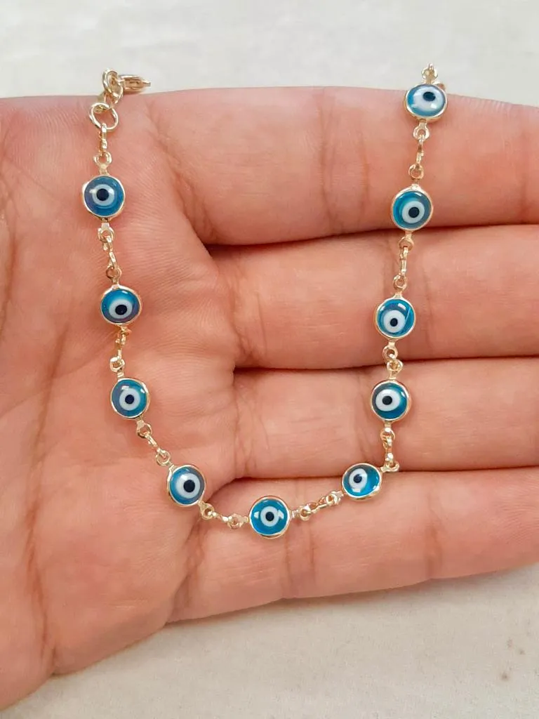 Gold Filled Aquamarine Evil Eye Bracelet for Womens Ladies 7.25" 3g / Protection Good Luck Bracelet / Womens Bracelet / Pulsera Mal de Ojo Para Mujer en Oro Laminado