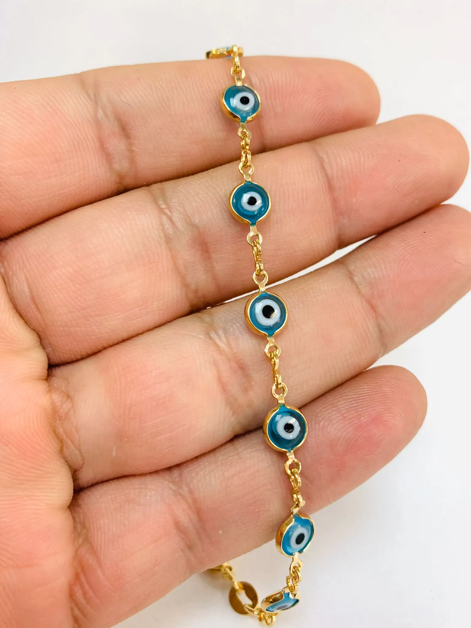 Gold Filled Aquamarine Evil Eye Bracelet for Womens Ladies 7.25" 3g / Protection Good Luck Bracelet / Womens Bracelet / Pulsera Mal de Ojo Para Mujer en Oro Laminado