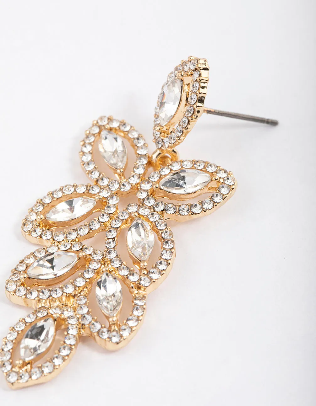 Gold Flower Cut Out Diamante Drop Earrings