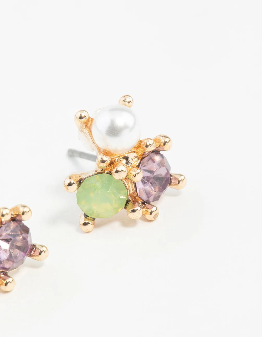 Gold Multi Stone Cluster Pearl Earrings