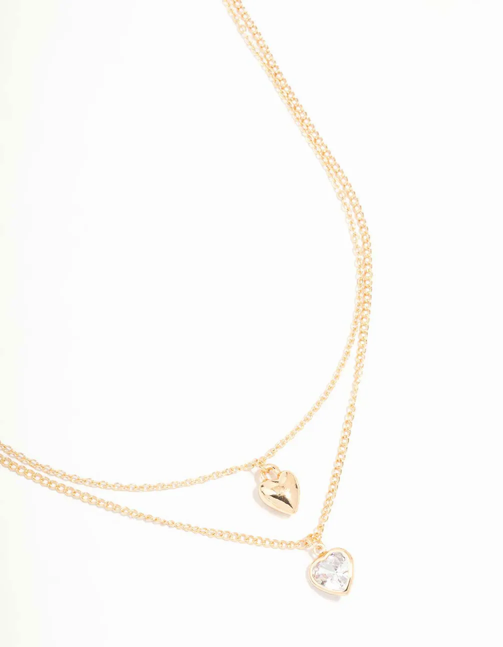 Gold Puffy Heart & Diamante Layered Necklace