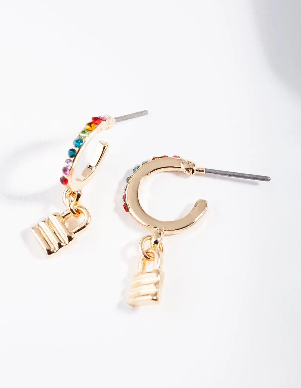 Gold Rainbow Diamante Lock Hoop Earrings