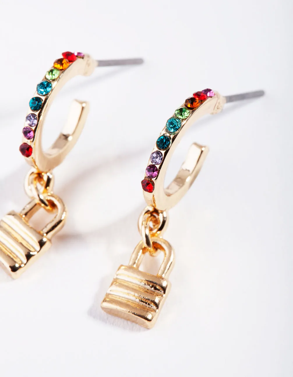 Gold Rainbow Diamante Lock Hoop Earrings