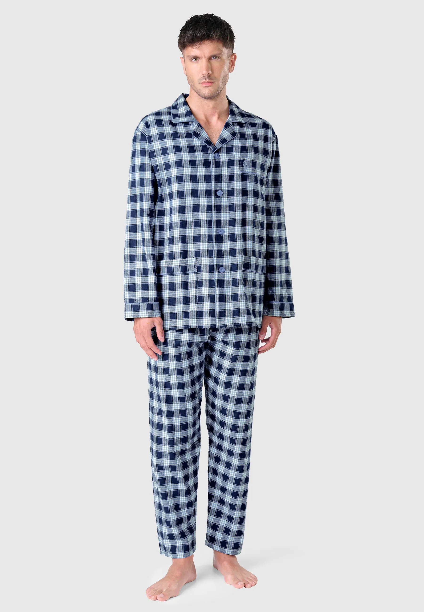 Pijama Hombre Invierno Solapa Algodón Franela Cuadros - Azul 2812_36