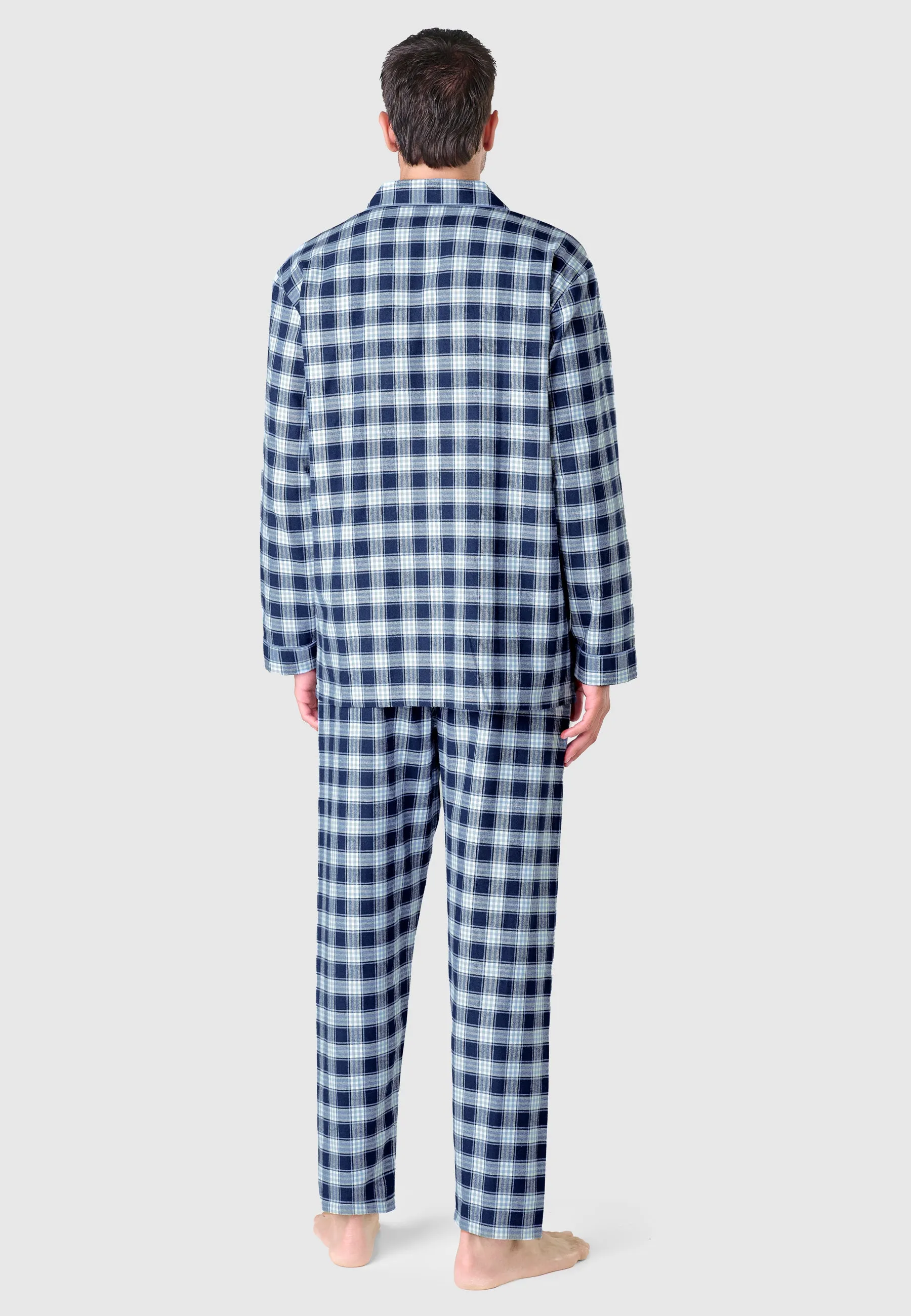 Pijama Hombre Invierno Solapa Algodón Franela Cuadros - Azul 2812_36