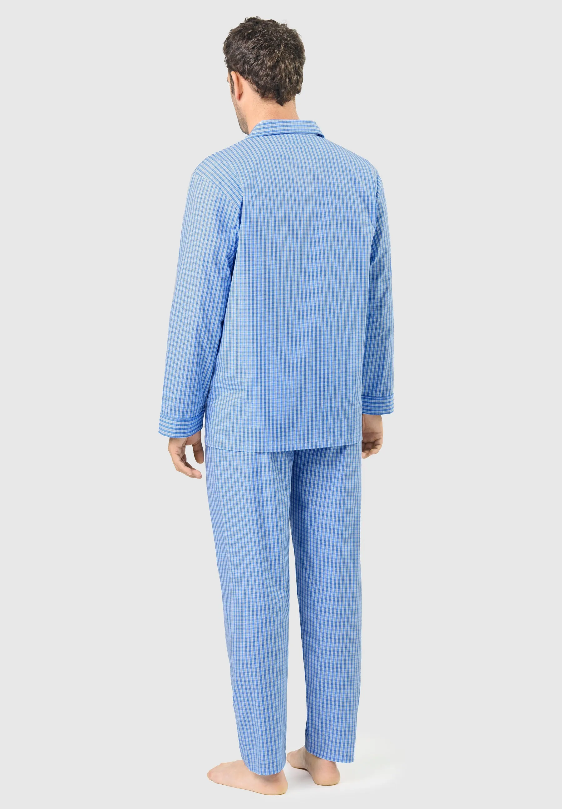 Pijama Hombre Largo Solapa Algodón Popelín Cuadros - Azul 1536_36