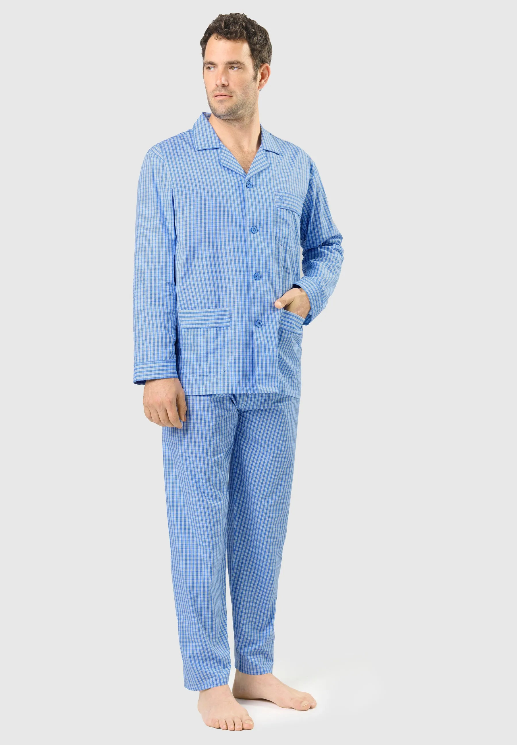 Pijama Hombre Largo Solapa Algodón Popelín Cuadros - Azul 1536_36