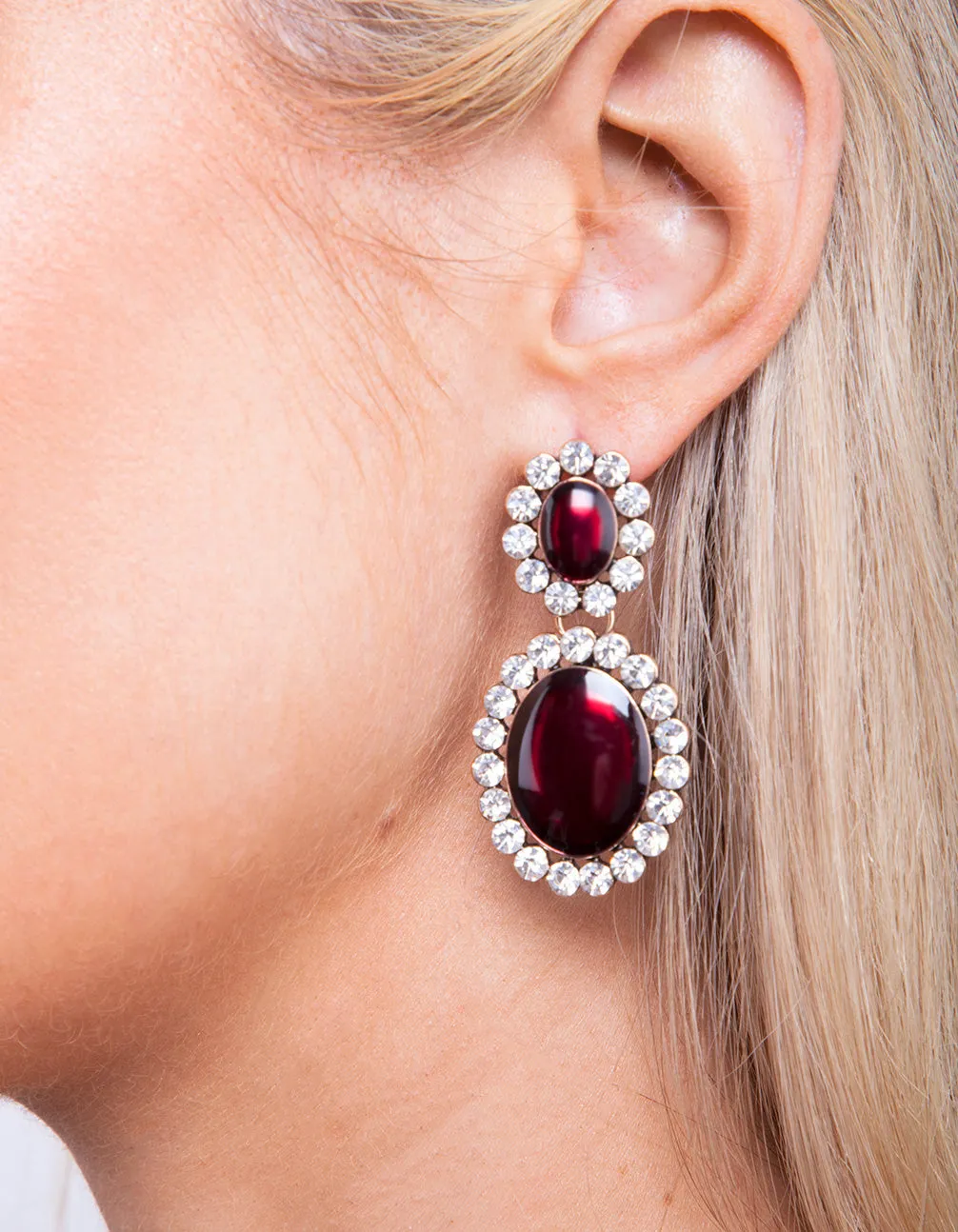 Red Jewel Diamante Encircled Drop Earring