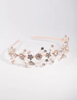 Rose Gold Leaf Diamante Pearl Spray Alice Band