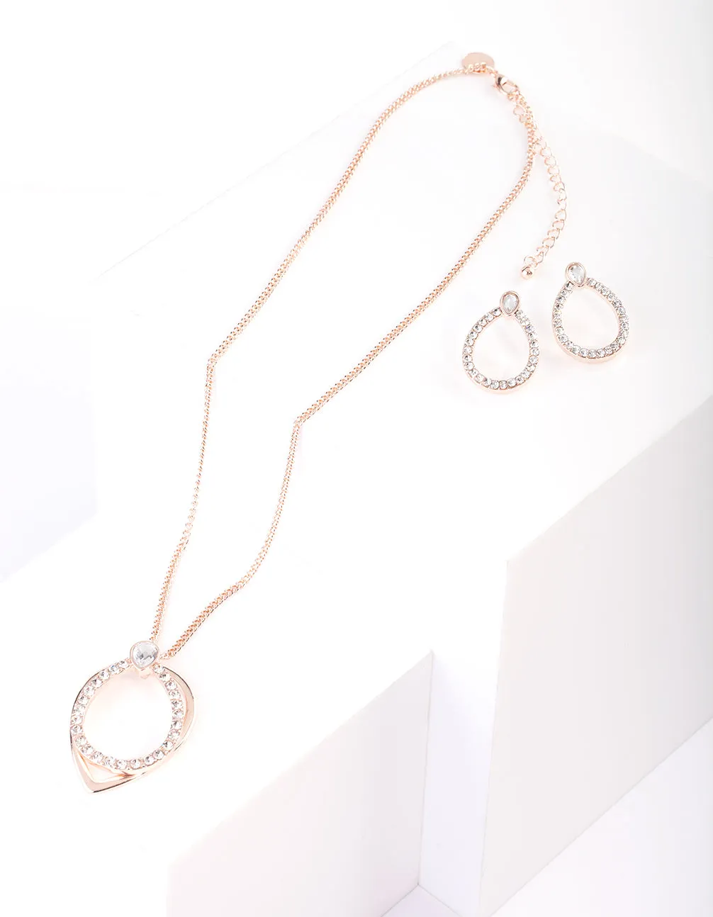 Rose Gold Teardrop Diamante Necklace Earring Set