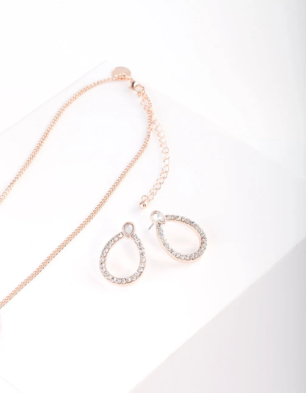 Rose Gold Teardrop Diamante Necklace Earring Set