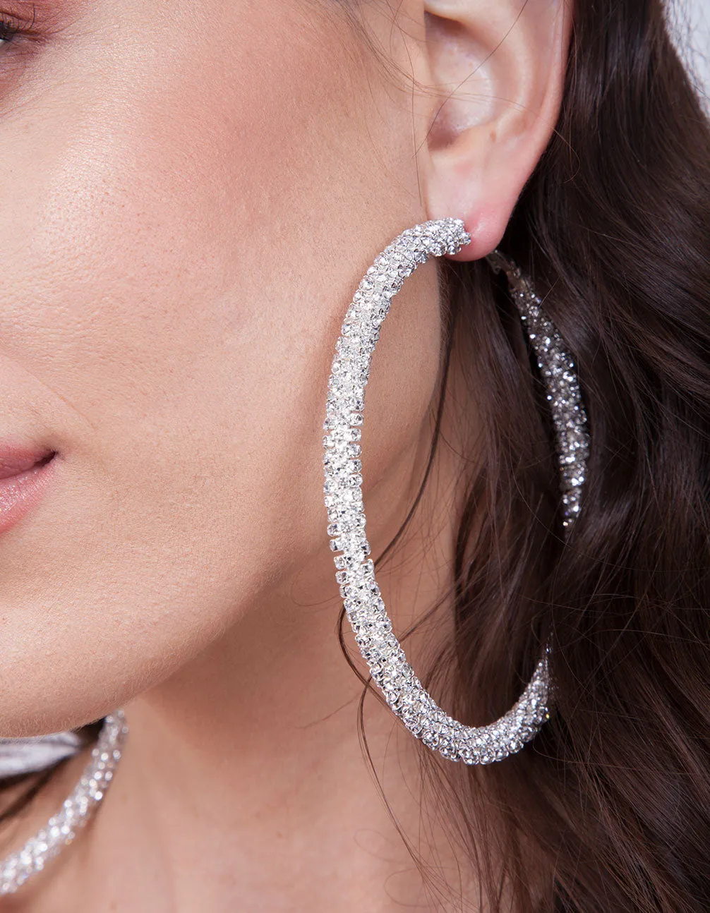 Silver Cup Chain Diamante Hoop Earrings