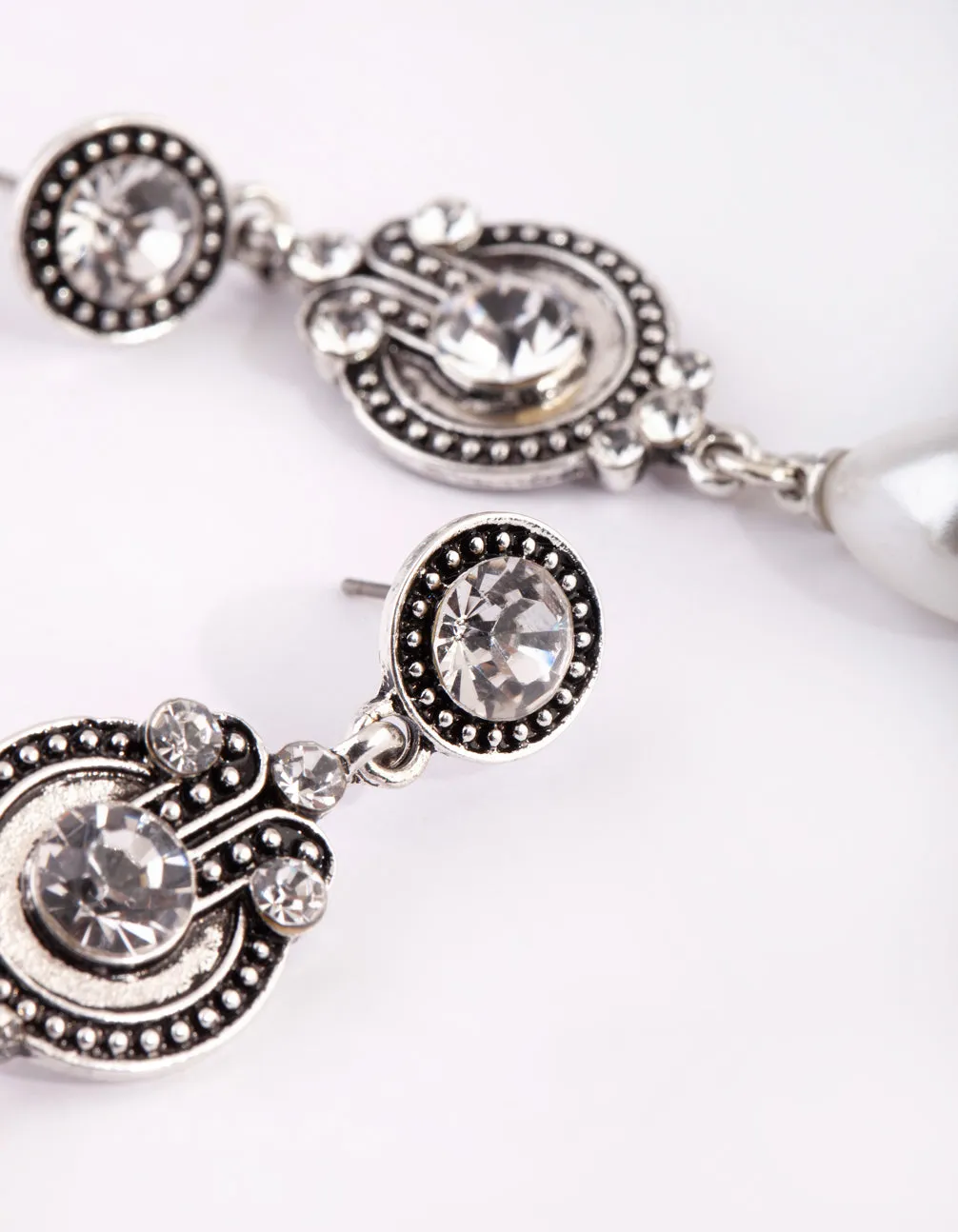 Silver Diamante & Pearl Drop Earrings