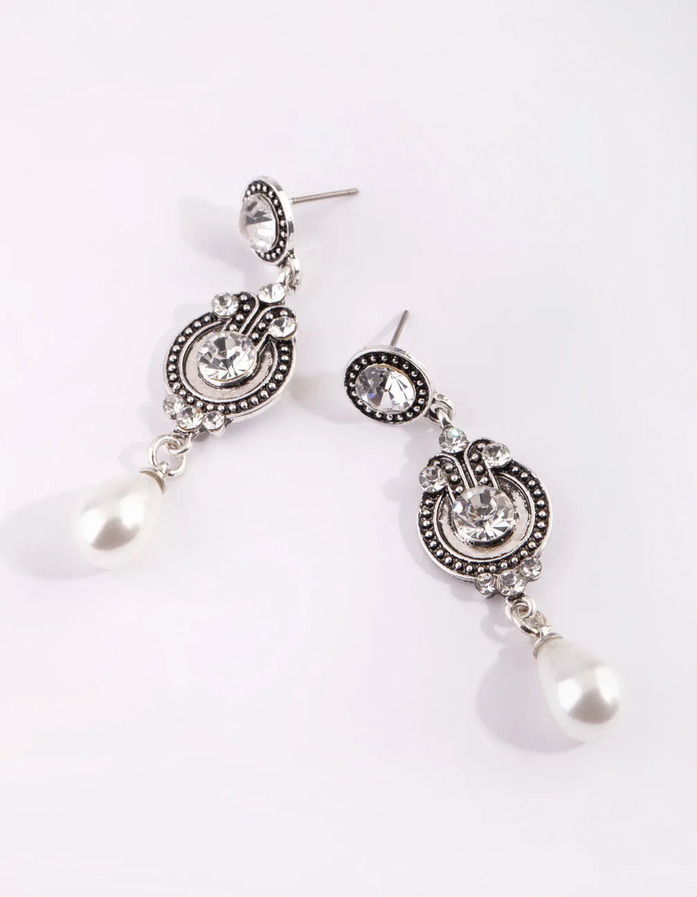 Silver Diamante & Pearl Drop Earrings