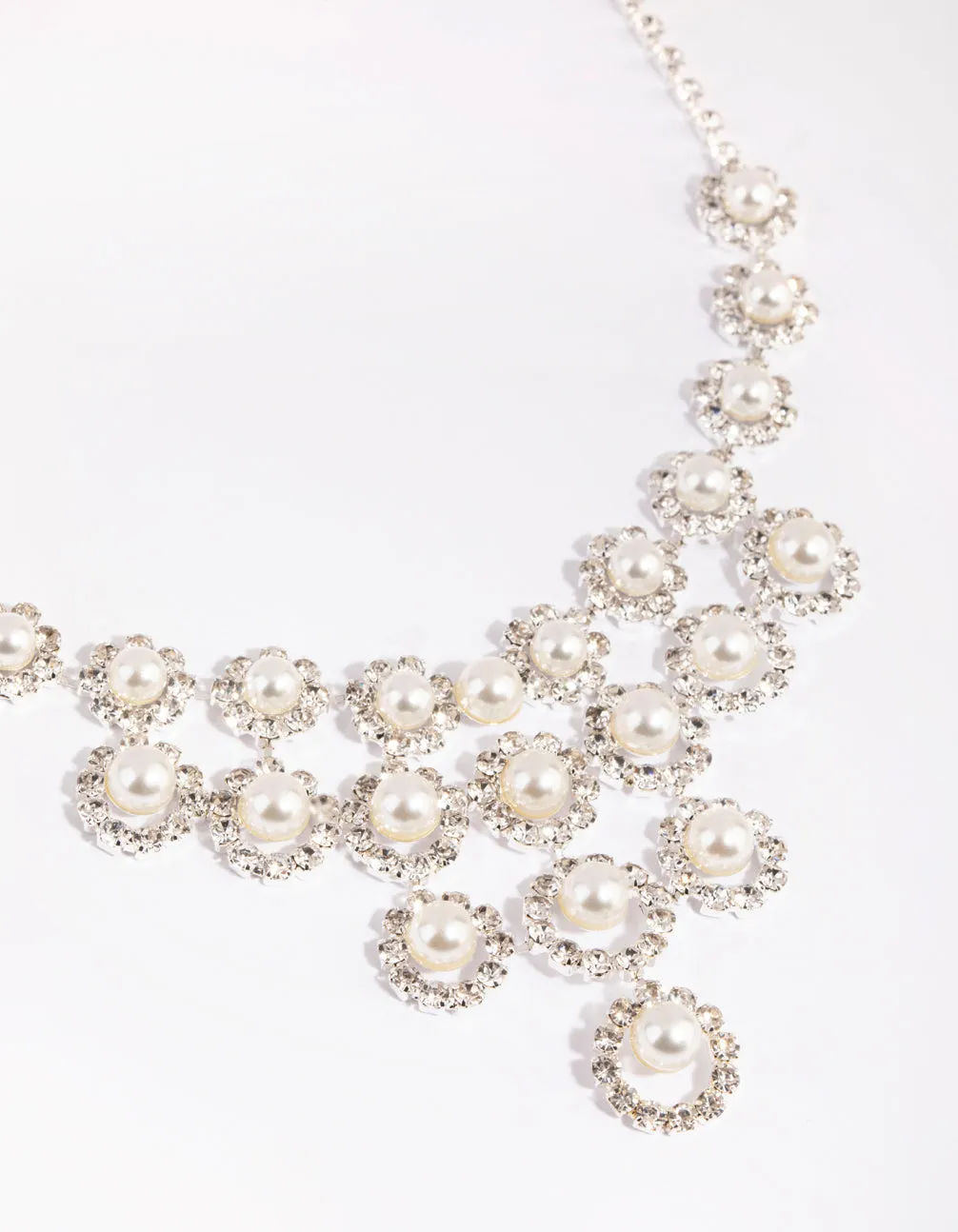 Silver Diamante Surrounded Pearl Necklace