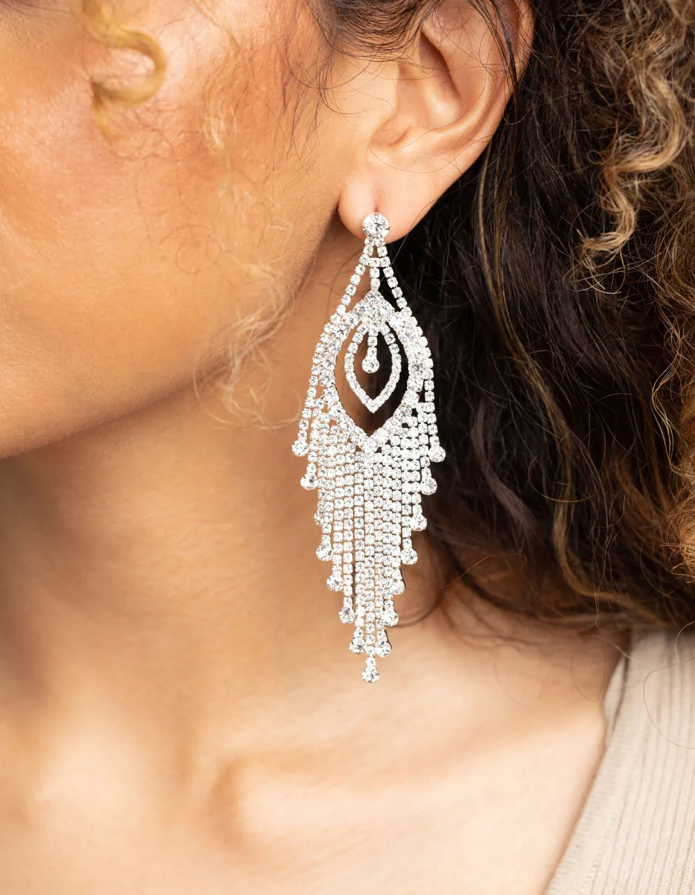 Silver Diamante Tassel Statement Earrings