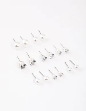 Silver Graduating Diamante & Pearl Earrings 8-Pack