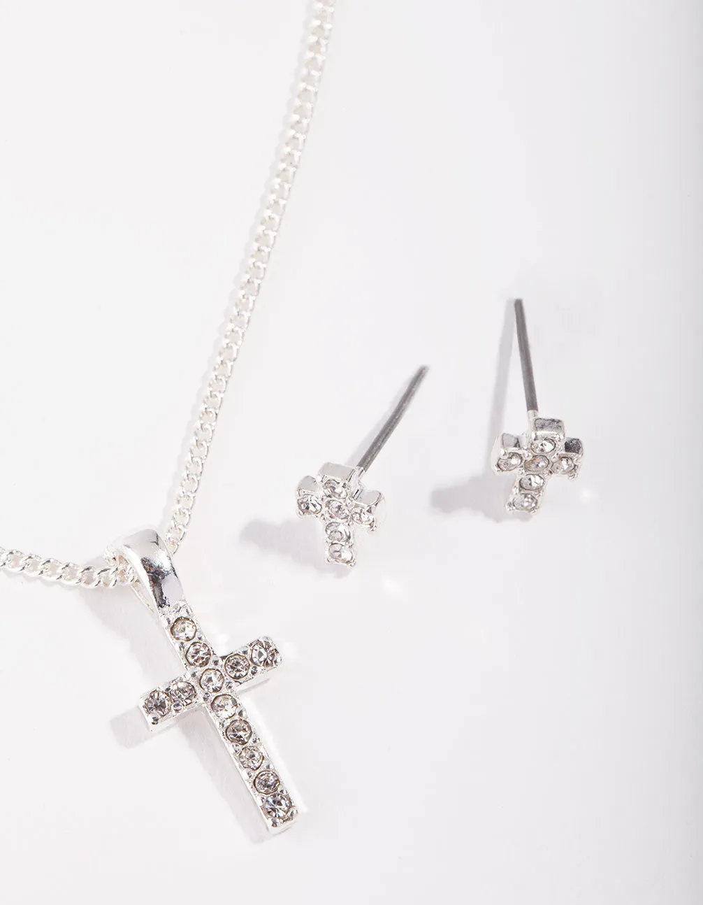 Silver Small Diamante Cross Necklace & Earrings Set