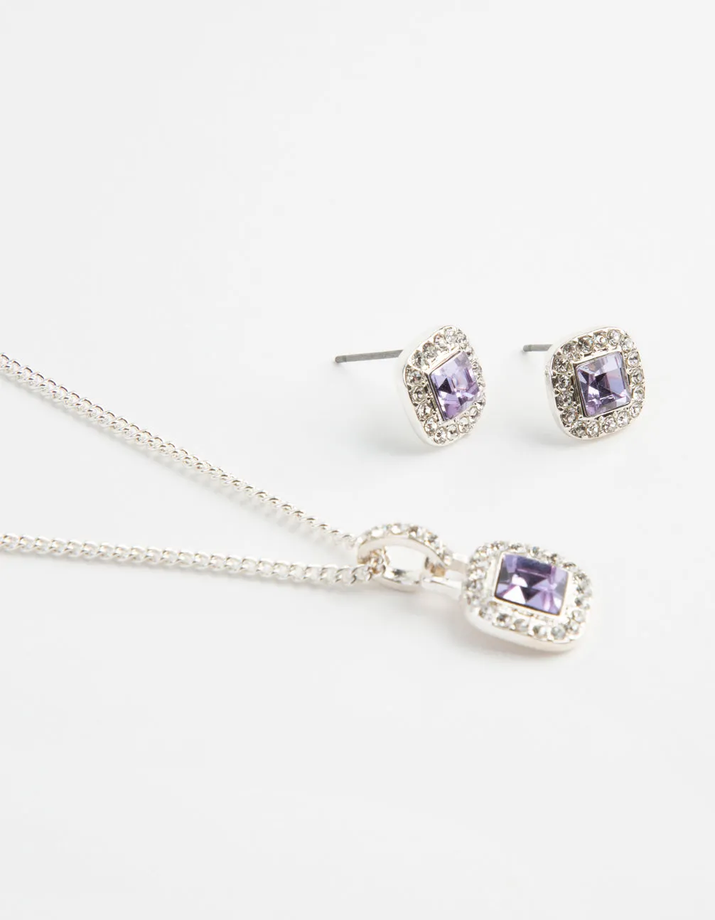 Silver Square Cut Diamante Necklace & Earrings Set