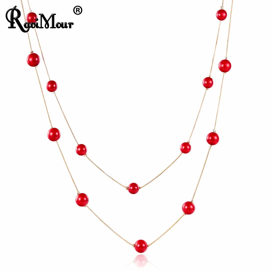 Wenkouban 4 Colos Red Simulated Pearl Necklace Women Long Chain Multilayer Choker Necklace Jewelry Trendy Sweater Accessories